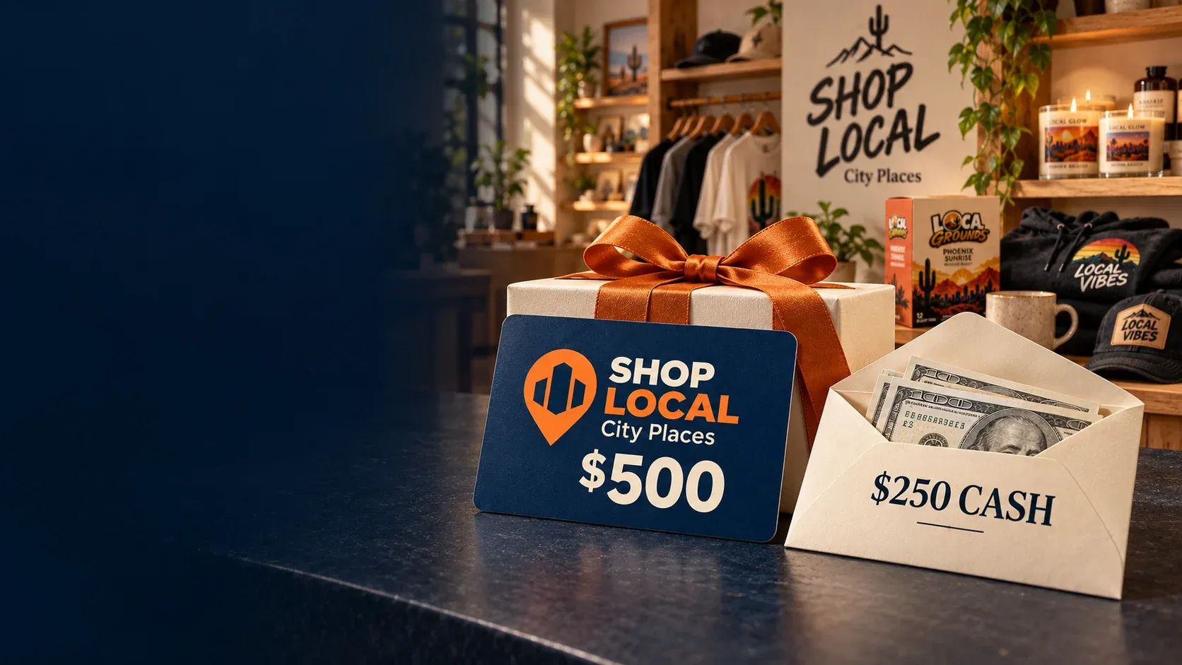 $500 SHOP LOCAL Tennessee Places gift card and $250 cash envelope in front of a SHOP LOCAL store and product display.